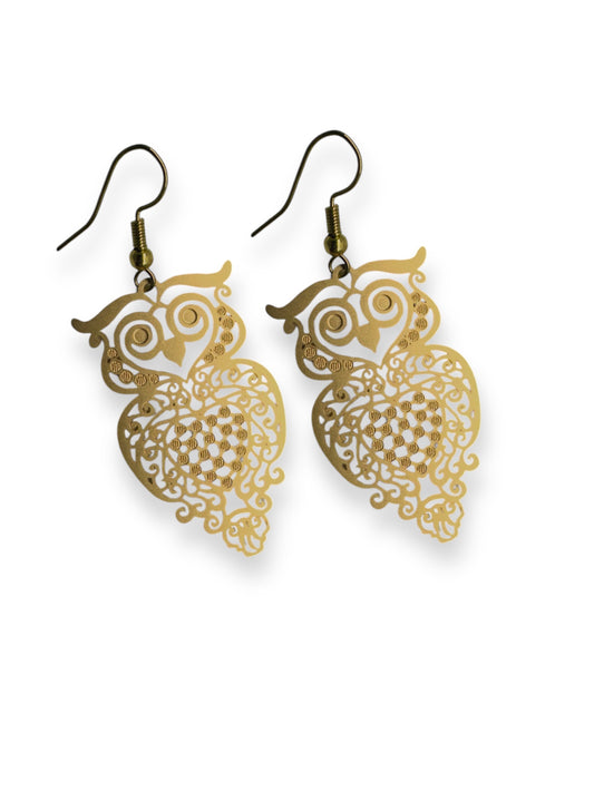 Wisdom - Laser Cut Gold Owl Dangle Earrings