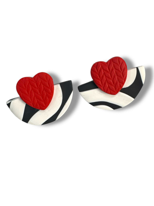 Red Heart- red, black and white handmade stud earrings